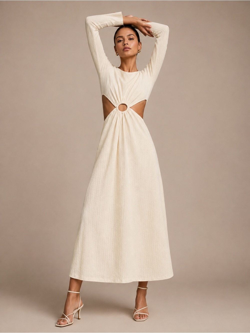 NWOT Zara nude Cream Long-Sleeve Midi Dress with Waist Cutout S